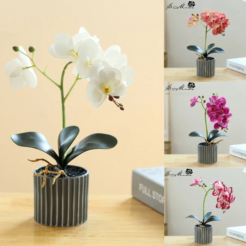 Artificial Phalaenopsis Potted Bonsai Fake Orchid with Leaf Potted Plant Wedding Flower Arrangement Props Home Interior Deccor