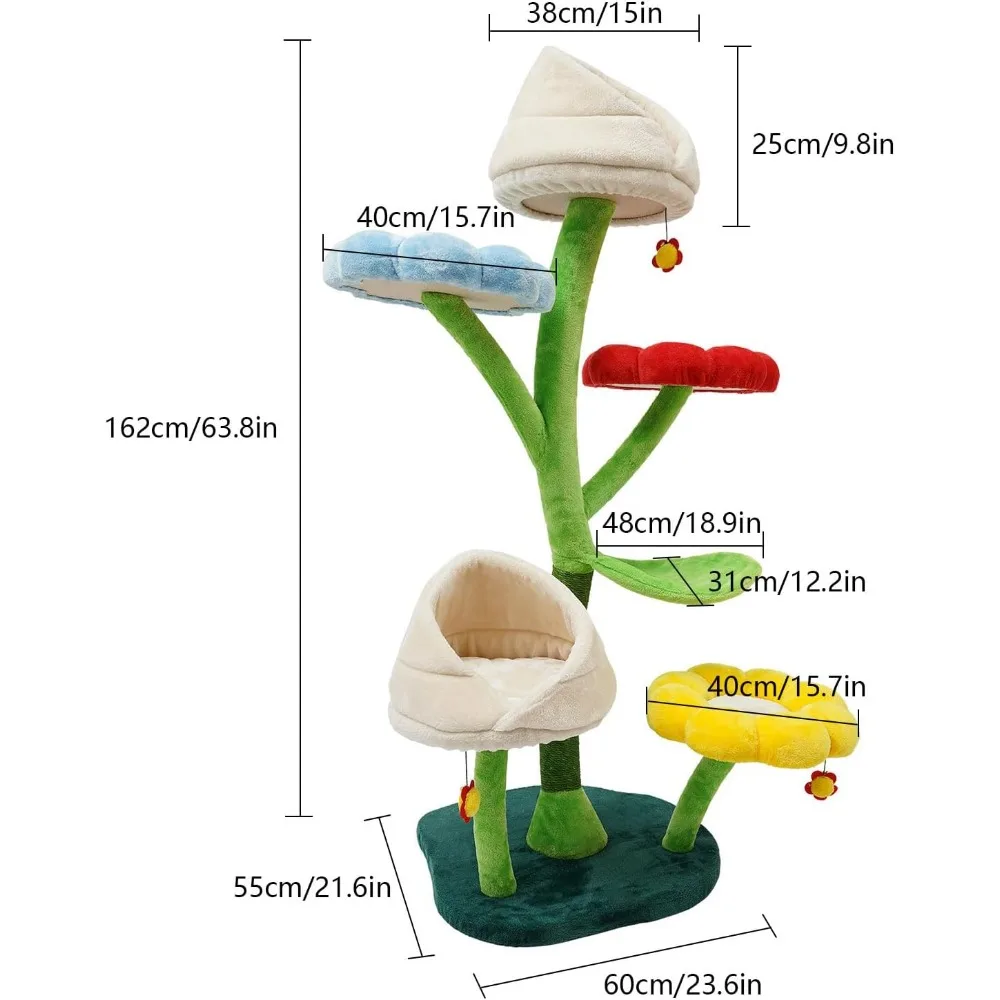 شجرة قطط متعددة المستويات مع أعمدة خدش وإطار تسلق وألعاب ملونة