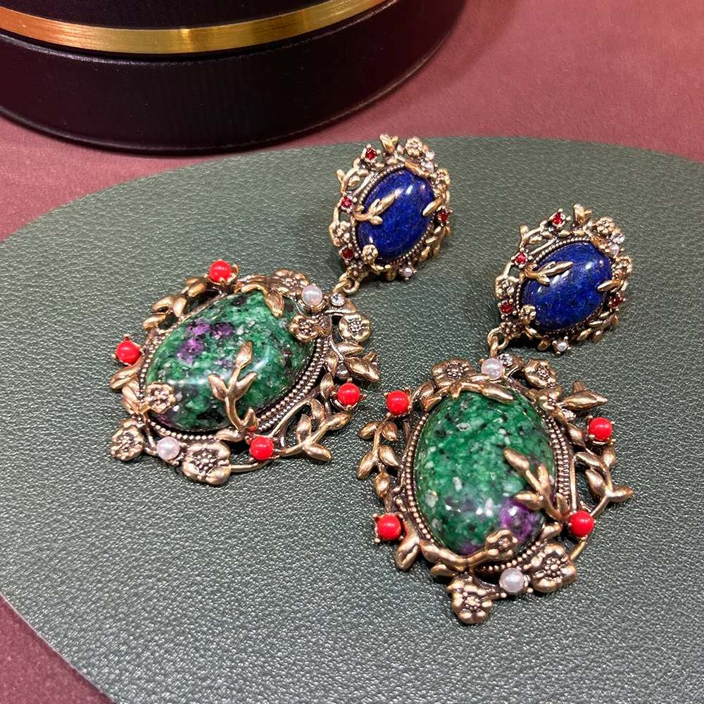 Medieval vintage turquoise flower stone Western antique heavy industry Russian earrings fashion antique earrings women