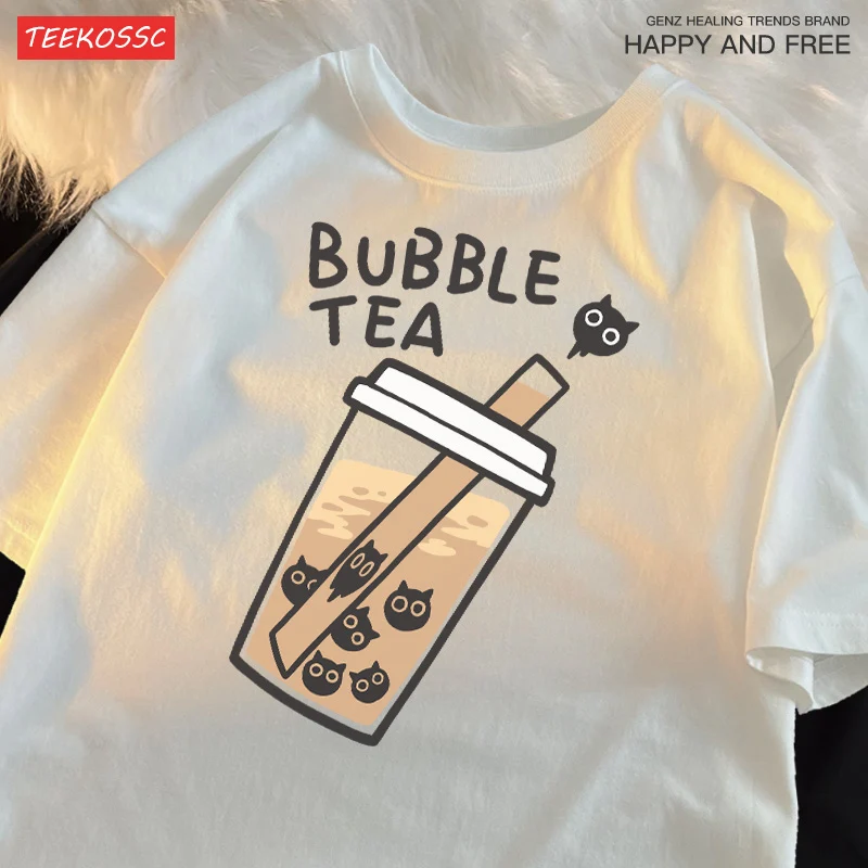 Cat Pearl Milk Tea Cartoonmans T Shirt Fitting Loose Tee Clothing Leisure Shoulder Drop T-Shirts Pleasure Cool Short Sleeved