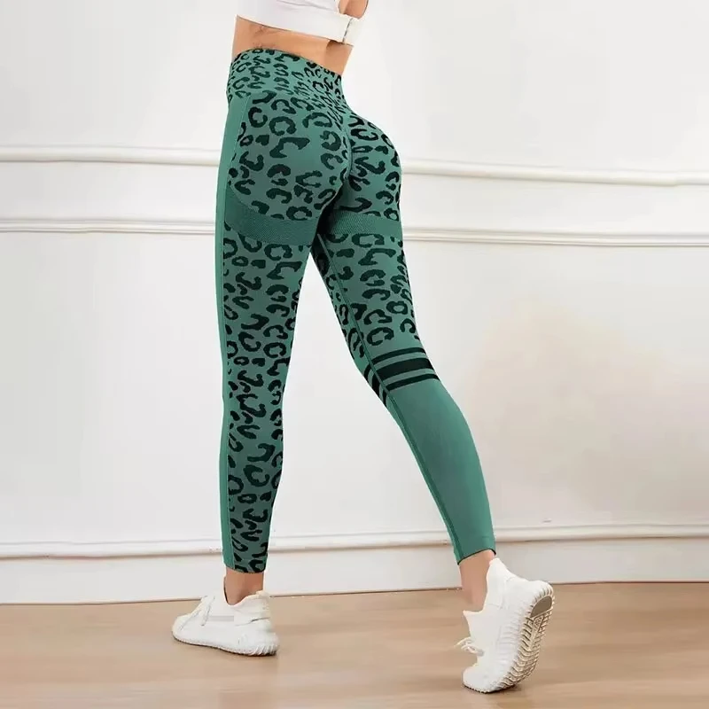 Pantalones de yoga de 9 minutos, medias elásticas de cintura alta con estampado de leopardo, pantalones de fitness de secado rápido sin costuras
