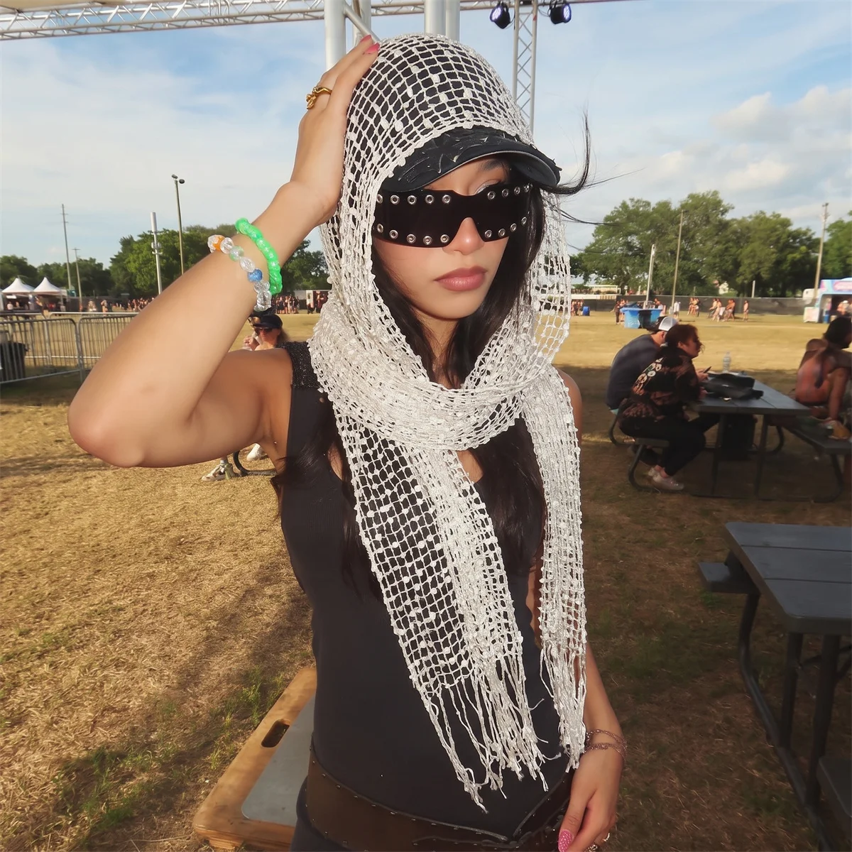 Vintage Hollow Mesh Headscarf with Tassels Women Multifunctional Scarf Shawl for Rave Music Festival Party Streetwear Accessory