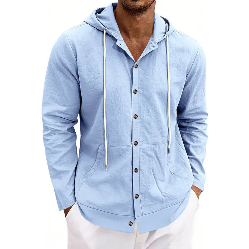American spring and autumn explosion, men's Hawaiian leisure vacation linen long sleeves, hooded loose trend shirt jacket