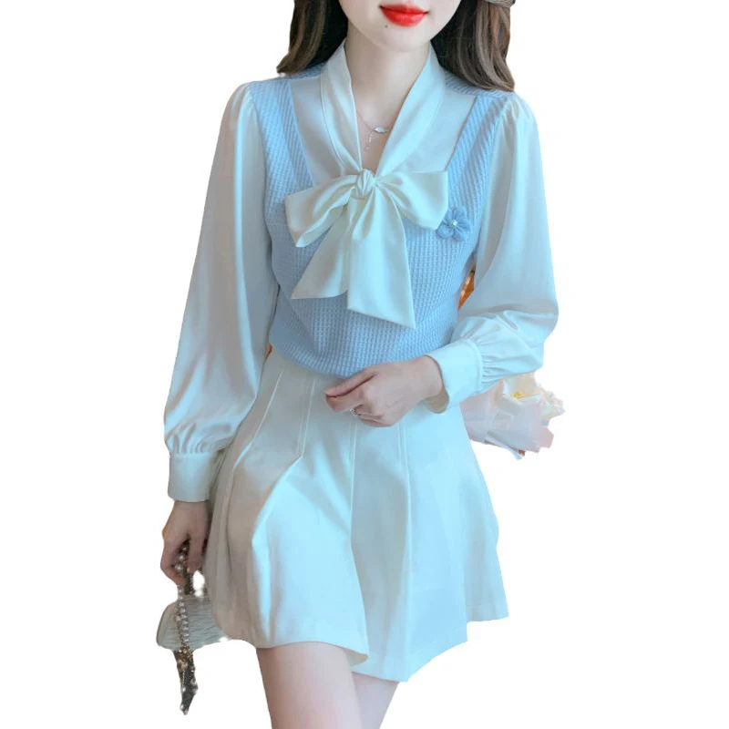 Spring Autumn Fake Two Pieces Bow Pullover Shirt Ladies Long Sleeve Sweet Fashion All-match Patchwork Top Women Casual Blouse