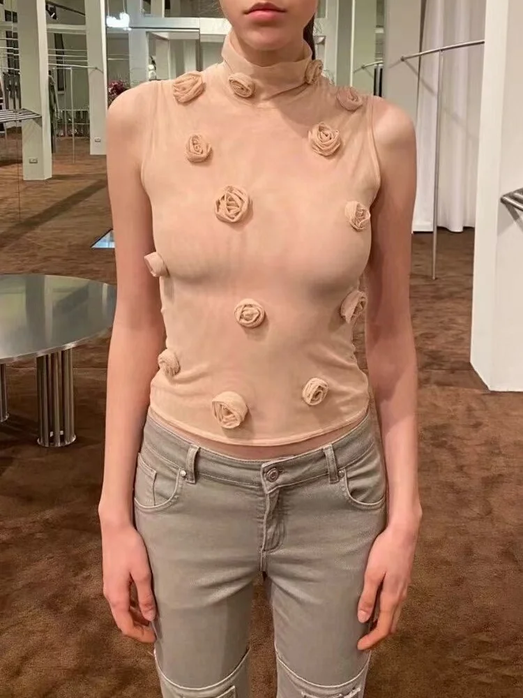 3D Rose Handmade Flowers Sexy Mesh See-through High Elastic Stand Collar Slim Fit Sleeveless Vest Base Shirt Two Colors