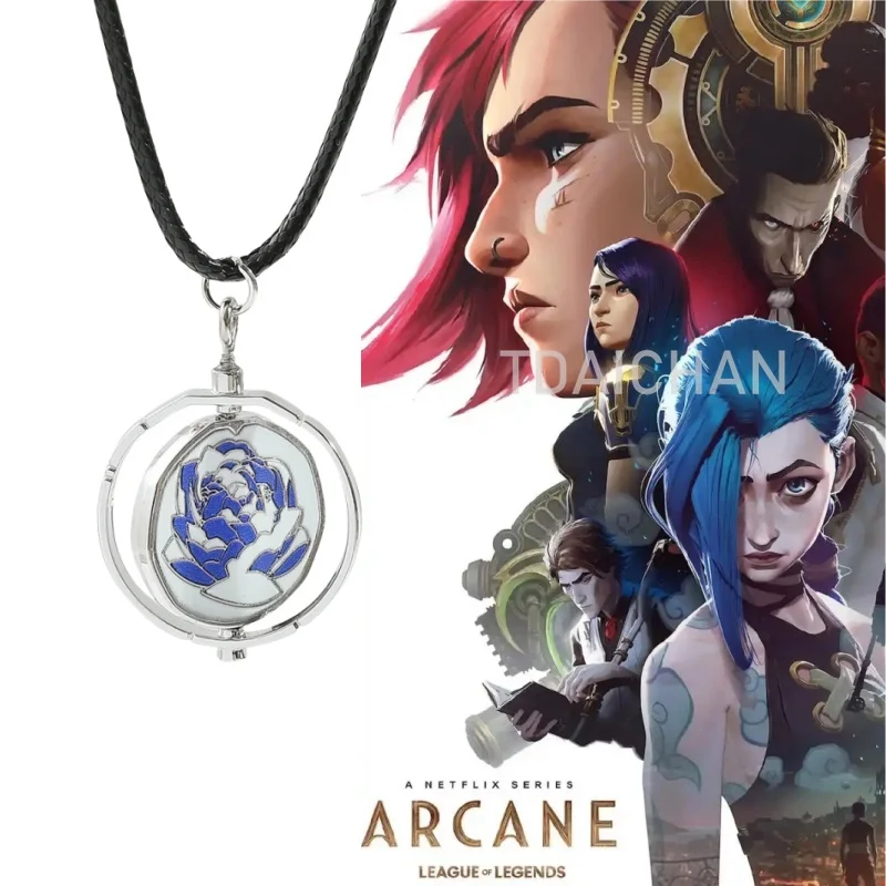 2024 Anime Arcane Season 2 Powder Jinx Cosplay Ekko Head Portrait Rotating Blue Rose Pendant Necklace Lovers Friends Gifts