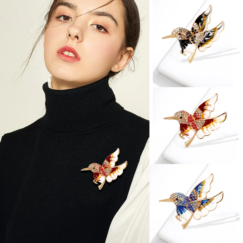 

Women Enamel Pin Brooch Colorful Rhinestone Hummingbird Animal Brooches Fashion Clothing Accessories Party Coat Scarf Jewelry