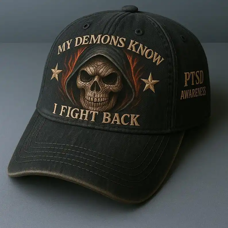 

Horror Skull Hat, My Demons Know I Fight Back Cap, Veteran Mental Health Hat Support Baseball Cap Gift