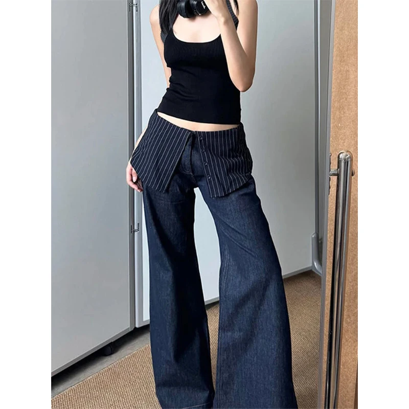 

MEXZT Y2K Jeans Women Streetwear Striped Patchwork Denim Wide Leg Pants Harajuku Korean Fashion Low Rise Baggy Straight Trousers