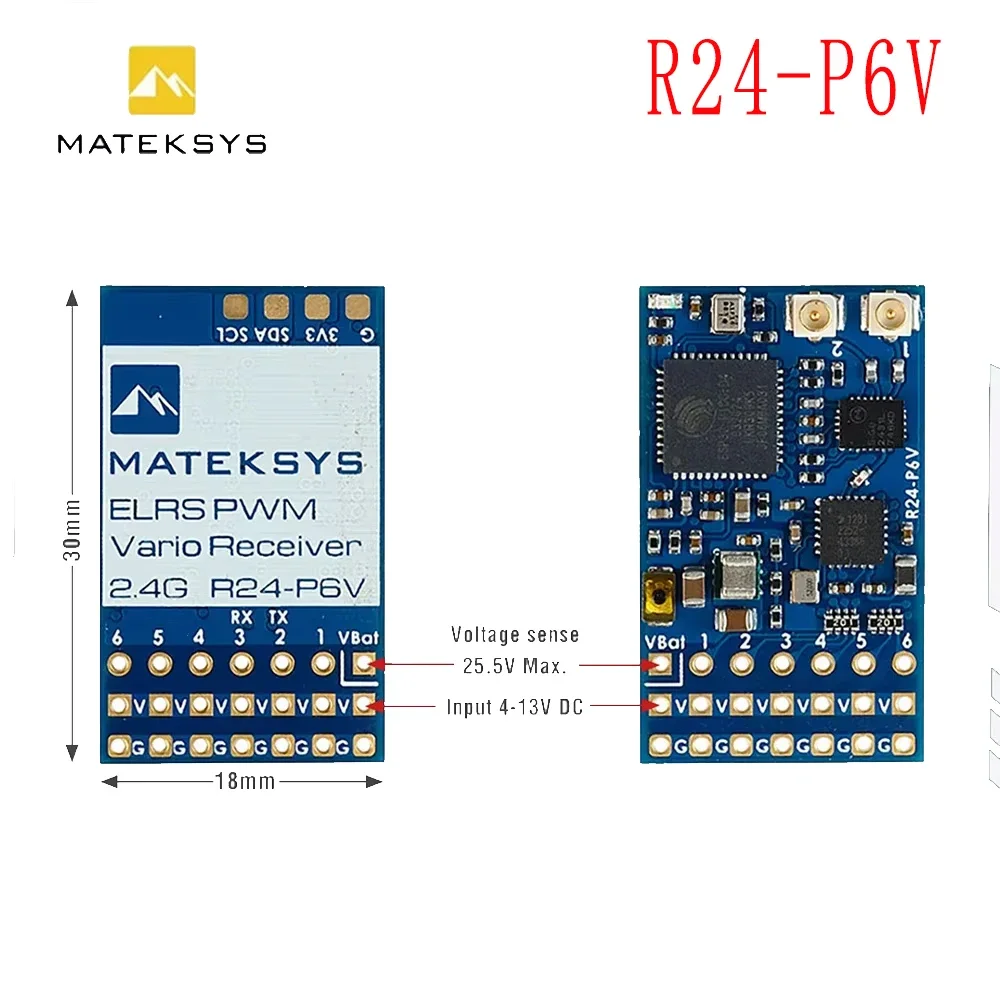 MATEK MATEKSYS R24-P6V EXPRESSLRS 2.4 GHZ PWM ตัวรับสัญญาณ VARIO 2.4 GHz ISM 22.5dbm (180 mW) สําหรับ RC FPV Drone