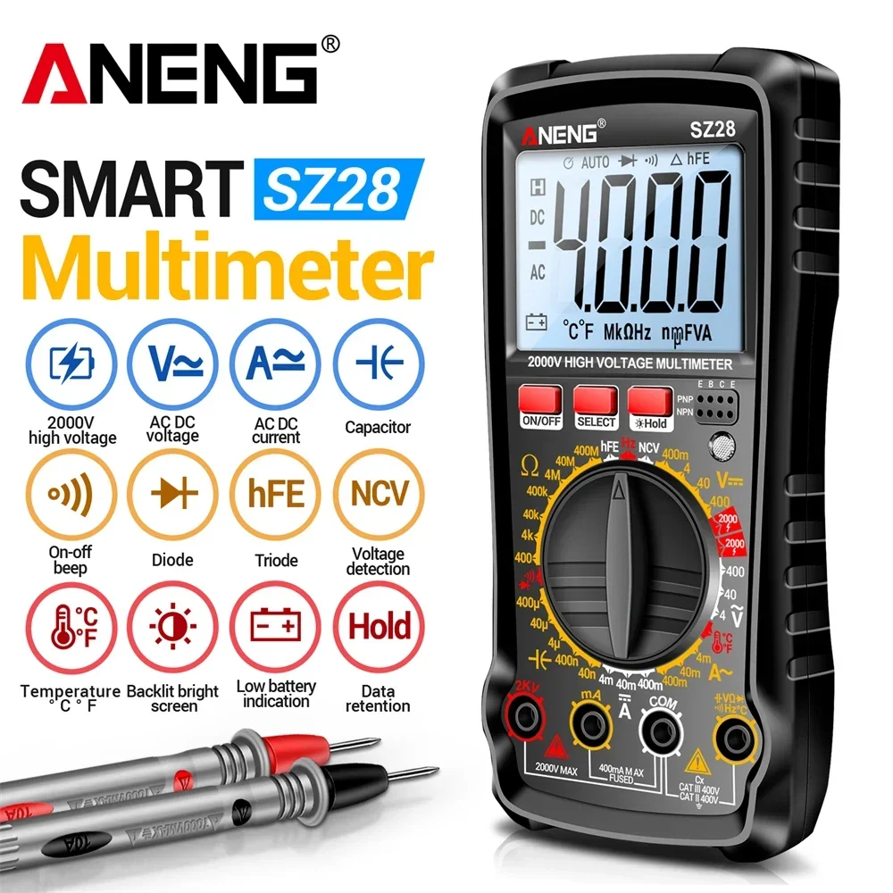 Digital Multimeter ANENG SZ28 Handheld Pocket LCD 4000 Count AC/DC Voltage Tester Ammeter hFE Diode Hz Detector for Electricians