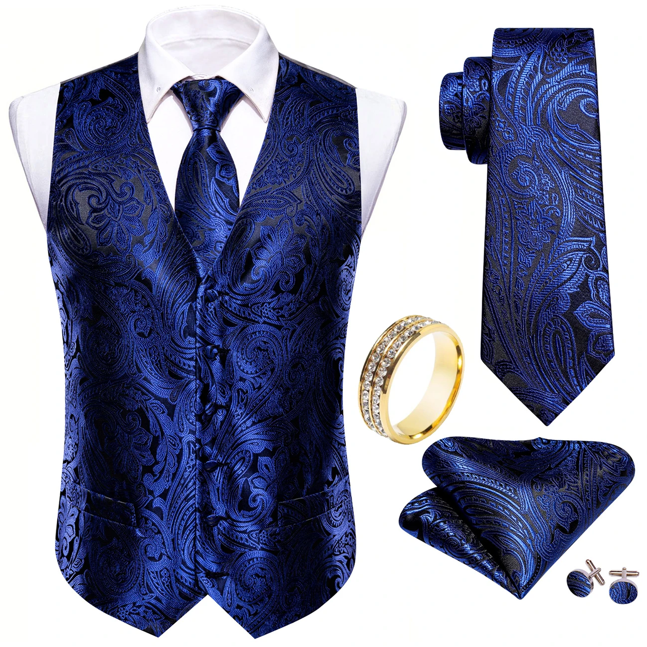Navy Subtle Paisley V-Neck Vest Accessory Set Tie Pocket Square Cufflinks Ring For Prom Guest Gathering