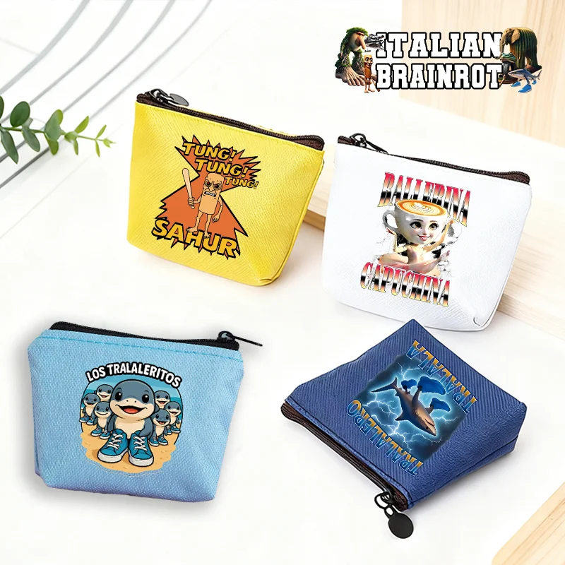

Итальянские кошельки для монет Brainrot, маленький холщовый кошелек для мальчиков и девочек, наушники, монеты, ключи, сумка для хранения денег, карманы на молнии, подарки на день рождения