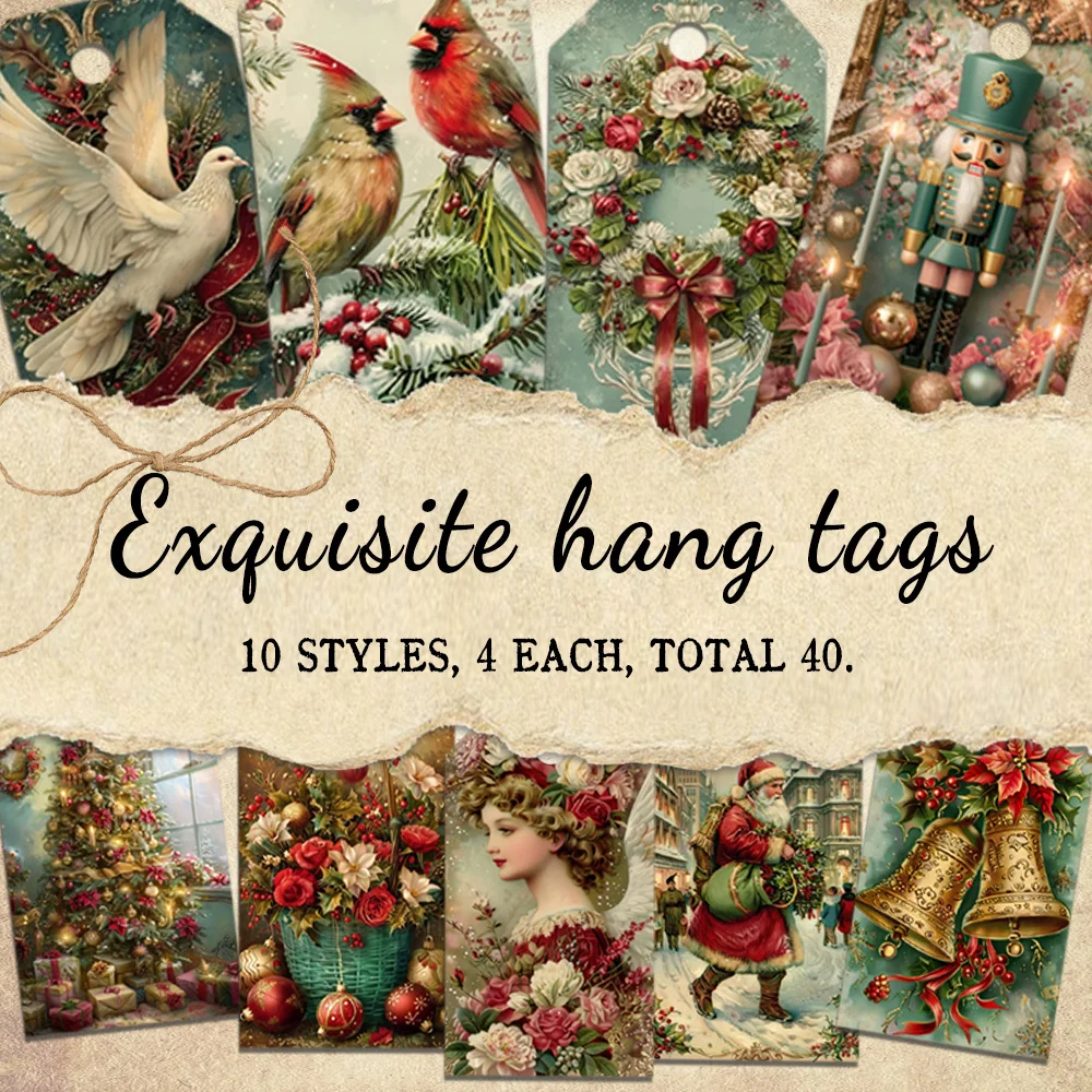 40pcs, Gift Tags, Luxury Nutcracker Floral Xmas, Hanging Paper Labels for Gift Wrapping, Holiday Party Decor with String