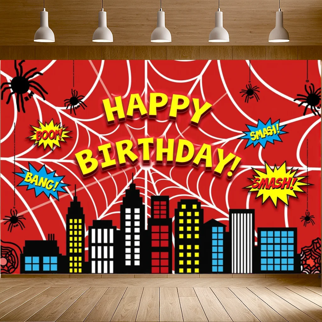 Spider Themed Happy Birthday Backdrop Banner Party Urban Cityscape Decoration Background Red Web Spiders Celebration Wall Decor