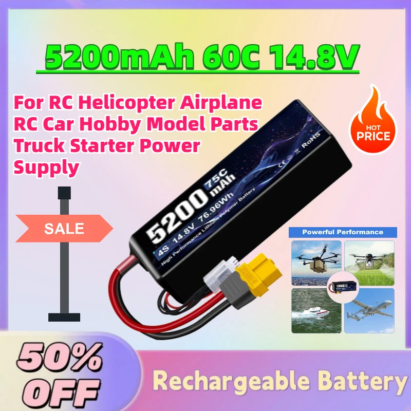 New 5200mAh 60C 14.8V LiPo Rechargeable Battery for RC Helicopter Airplane RC Car Hobby Model Parts Truck Starter Power Supply