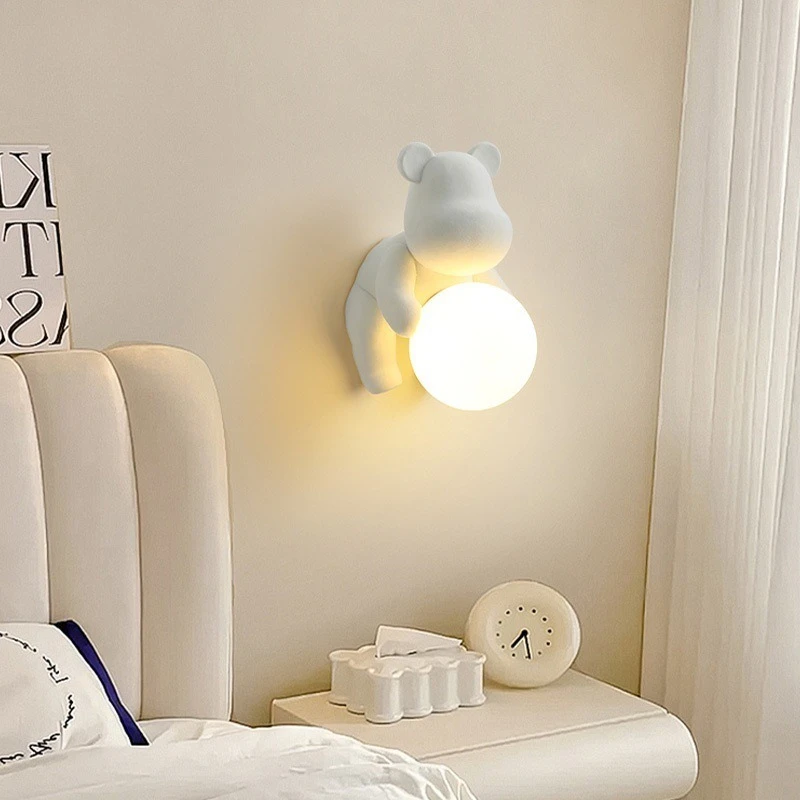 

Nordic Children Room Bedside Wall Lamp Creamy Style Creative Environmentally Friendly Resin Cartoon Bear Room LED Lamp Bedroom