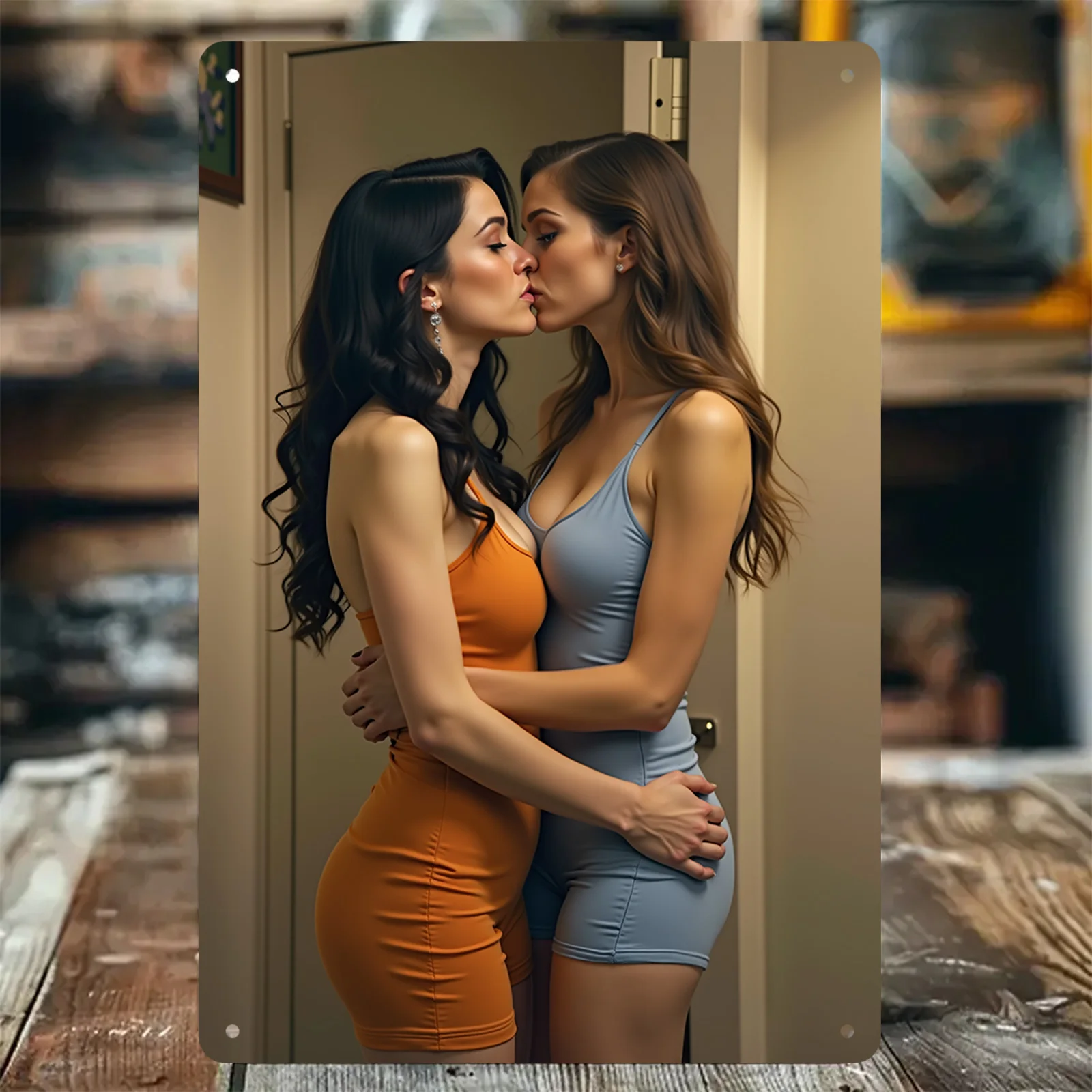 New Trendy HD Metal Wall Art - Modern 2D Flat Design Featuring an Elegant Intimate Moment of Two Beautiful Women with Long Hair