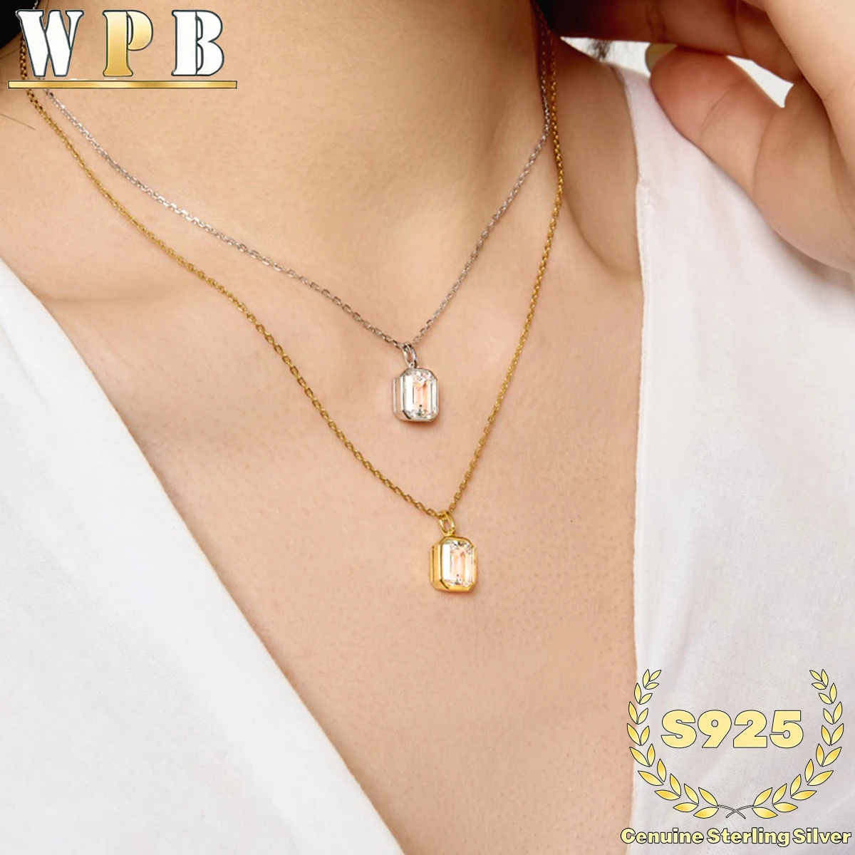 

S925 Silver Emerald Cut Zircon Pendant Necklace, 7x9mm Sparkling Cubic Zirconia Bezel Set Thin Cable Chain Dainty for Women Gift