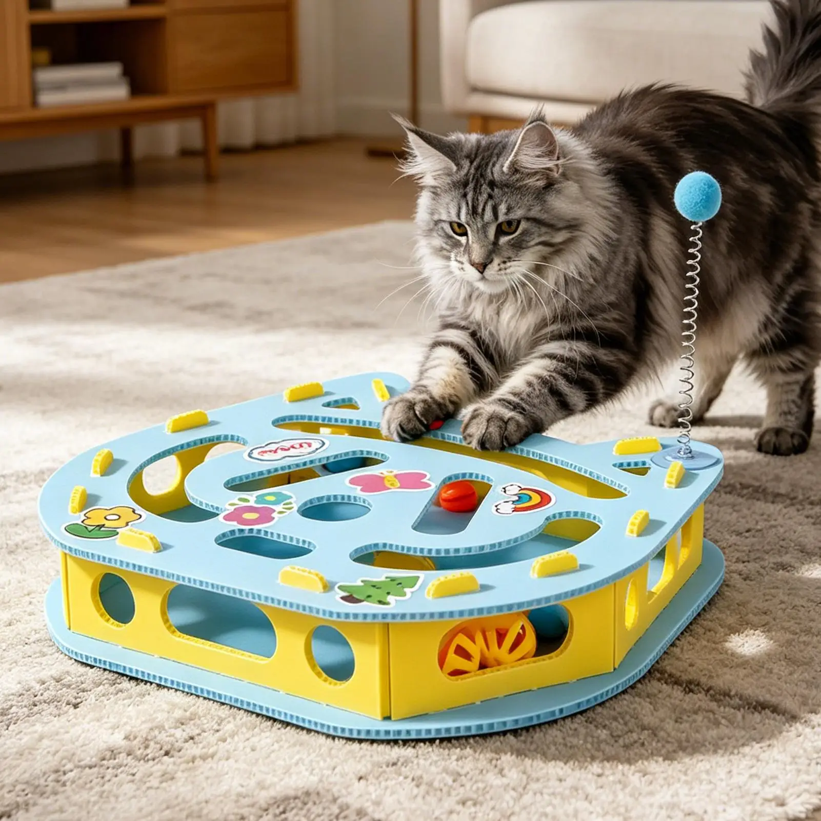 猫用パズル-ジングルボールとティーザー付きパズルボックス-家庭用インタラクティブ猫用おもちゃ-リビングルーム-プレイエリア-アパートの遊び場用