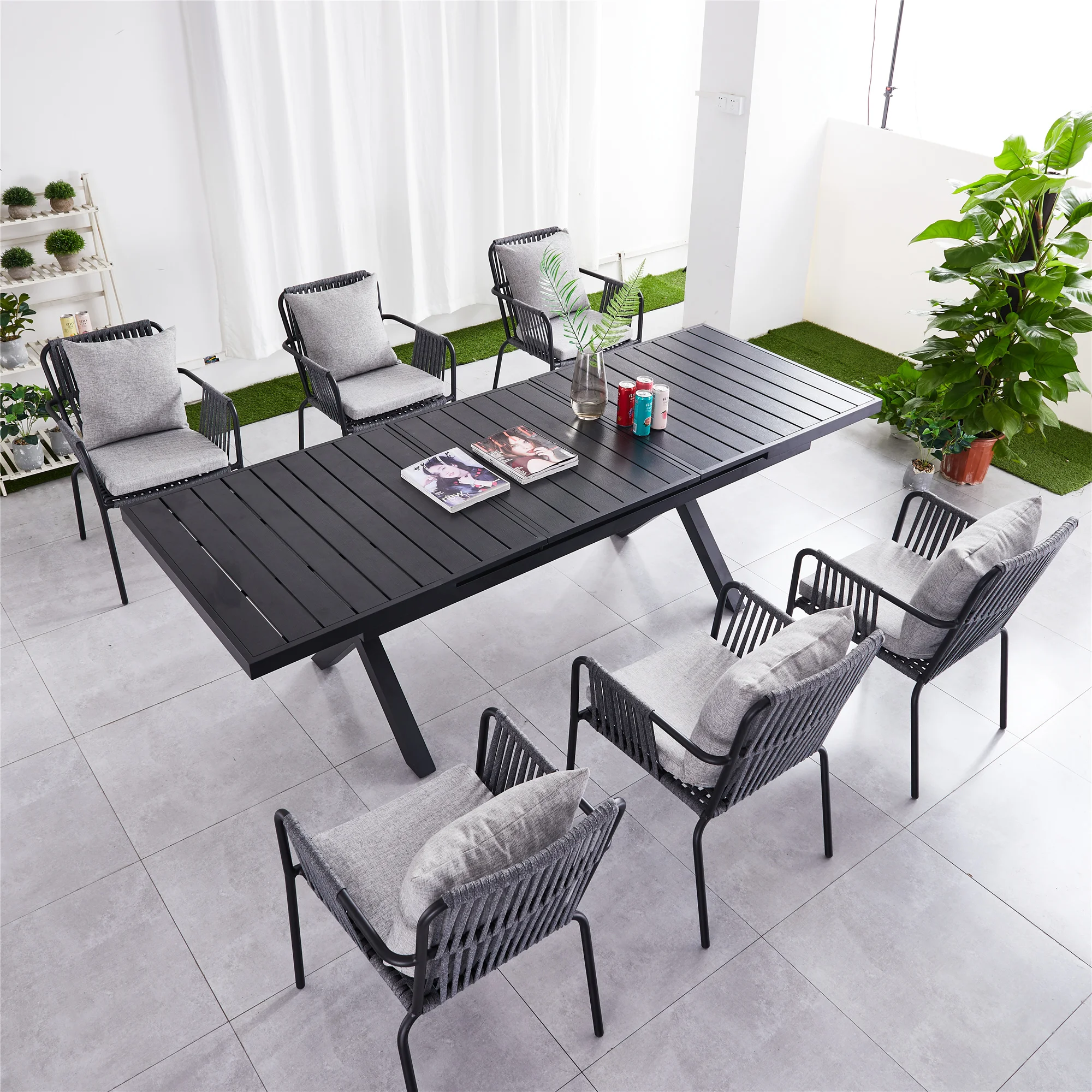 180-240cm Extendable Dining Table Sets Aluminum Leg Plastic Wood Top Outdoor Garden Courtyard Furniture Rope Rattan Chair ARC004