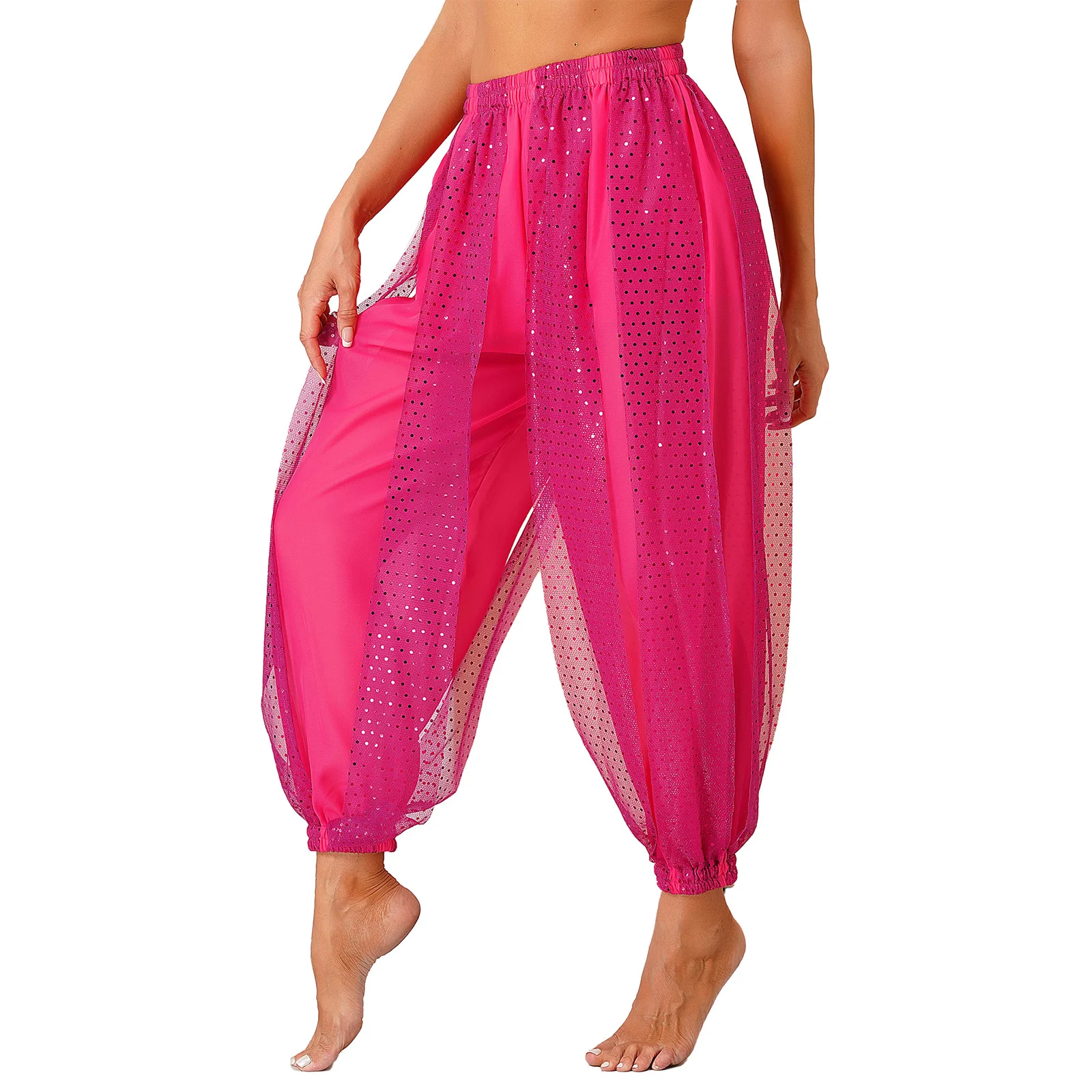 Pantalones de rendimiento de escenario para mujer, Ropa de baile, pantalones de danza del vientre con lentejuelas, gasa transparente, cintura elástica, bombachos semitransparentes