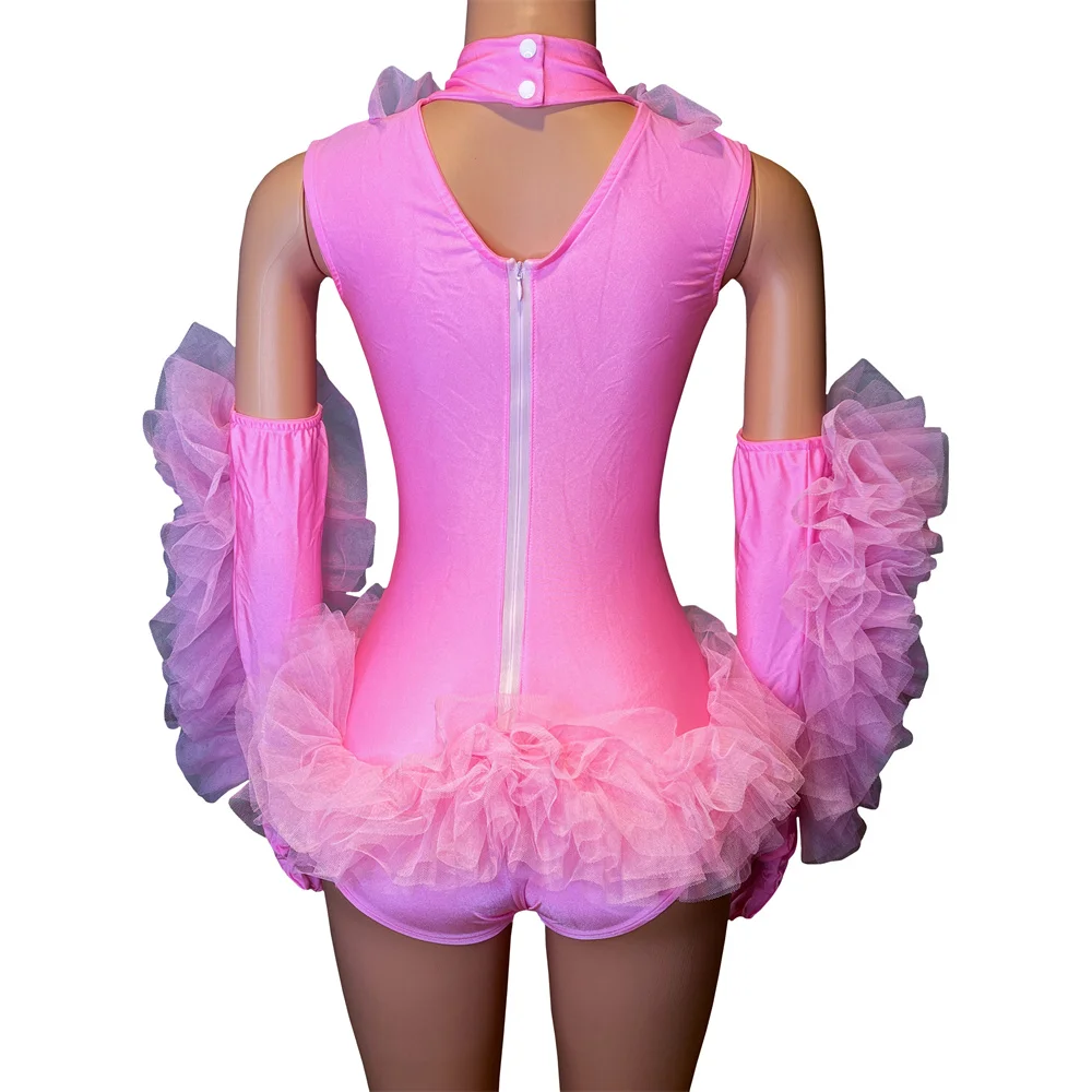 Drag Queen Costume Women Dance Team Sexy Performance Stage Wear Pink Yellow Bodysuit With Long Gloves Carnival Show Rave Outfits