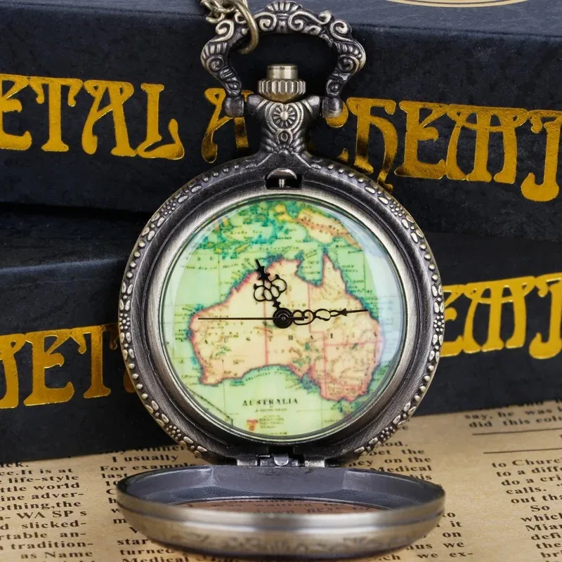 빈티지 지구 판지도 석영 주머니 시계 Fob 체인 아랍어 디지털 골드 도금 다이얼 목걸이 남성 여성 시계 선물