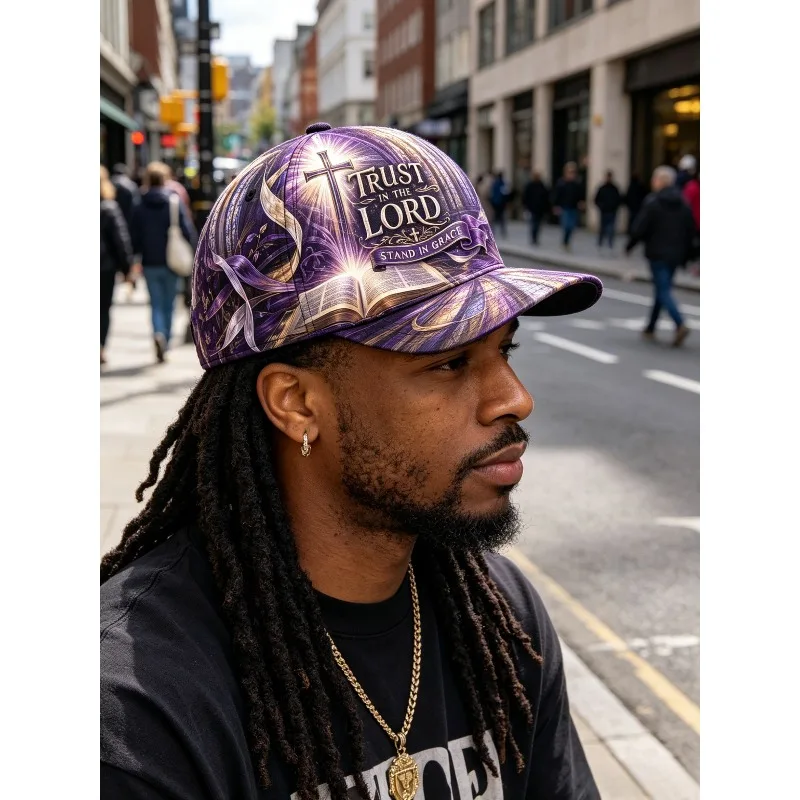Customization Men'S Bohemian Faith-Themed Baseball Cap With Praying Hands, Cross, And Purple-Golden Swirl Church Pattern - Adjus