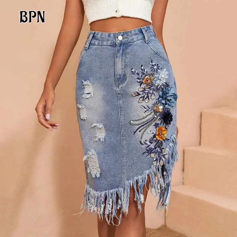 BPN Hit Color Patchwork Appliques Slimming Denim Skirt For Women High Waist Spliced Tassels Irregalur A Line Skirts Female New