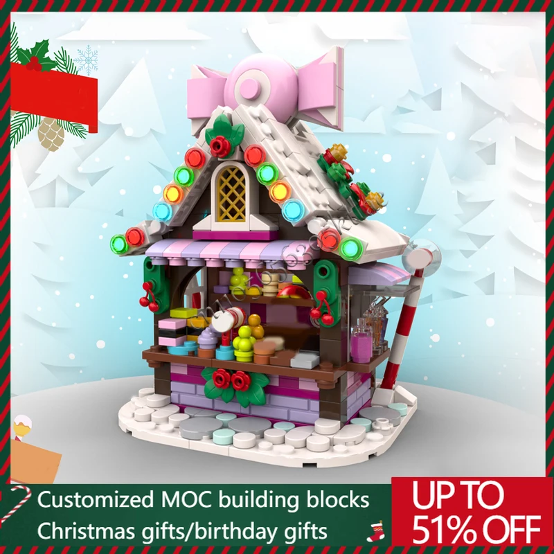 

489 детали MOC, рождественская серия, магазин конфет, модель столба, строительные блоки, кирпичи, креативная сборка, развивающие игрушки, подарки на день рождения