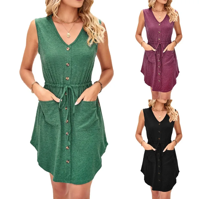 

Summer new fashion solid color sleeveless V-neck loose lace-up pocket button dress