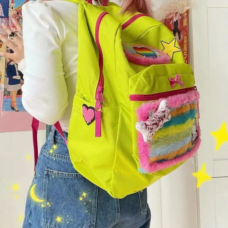 

Korean Preppy Sweet Girl Schoolbag 2023 Y2k Fashion Plush Rainbow Love Patchwork Aesthetic Backpack Women Travel Cute Backpack