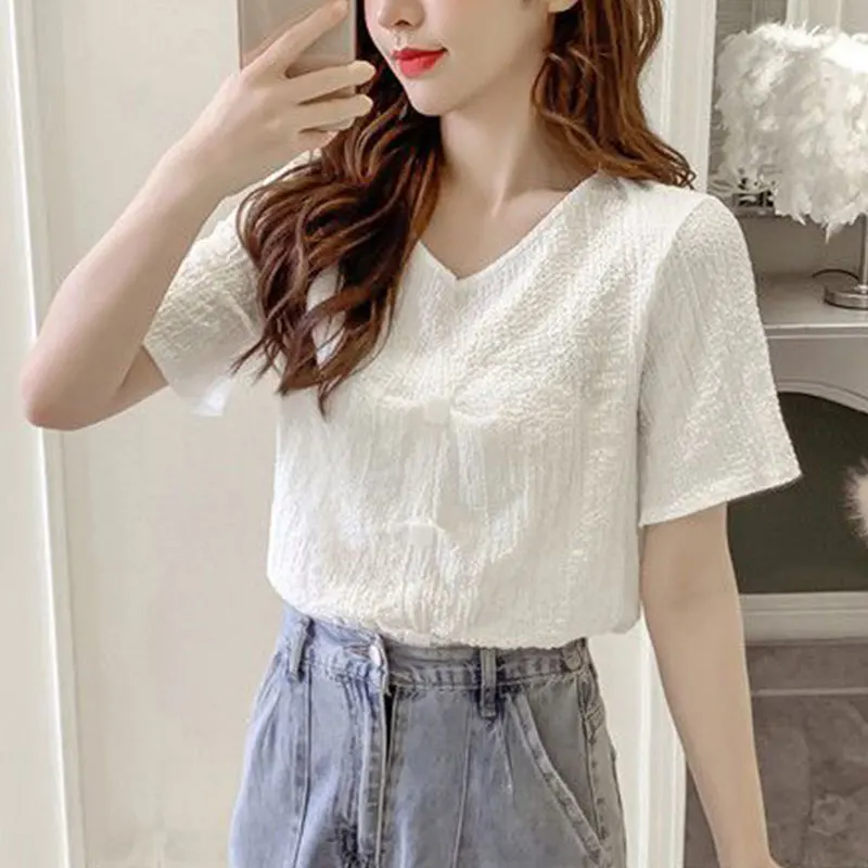 Women\'s Summer Fashion Simplicity Solid Color V-neck Short Sleeve Shirts Women Clothes Office Lady All-match Casual Loose Tops