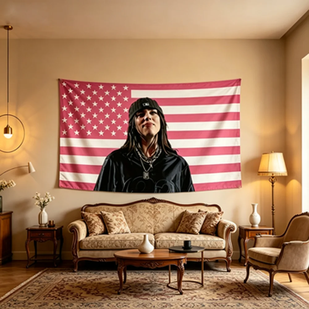 Billie Eilish Pink USA Flag Tapestry 1pc Polyester 2D Wall Art for Bedroom Living Room Aesthetic All-Season Room Decor