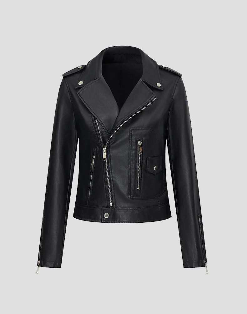 Chaqueta negra de cuero PU para mujer, abrigo ajustado de manga larga con cremallera para motocicleta, prendas de vestir exteriores de piel sintética para primavera y otoño