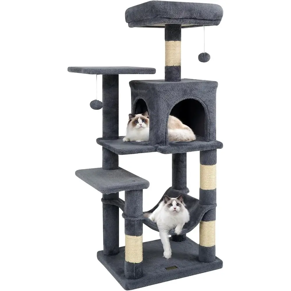 

Высокая кошачья лежанка-когтеточка 44 дюйма с сизалевыми столбиками, двойным домиком, гамаком, игрушками-мячиками и верхней платформой для игр и отдыха в помещении