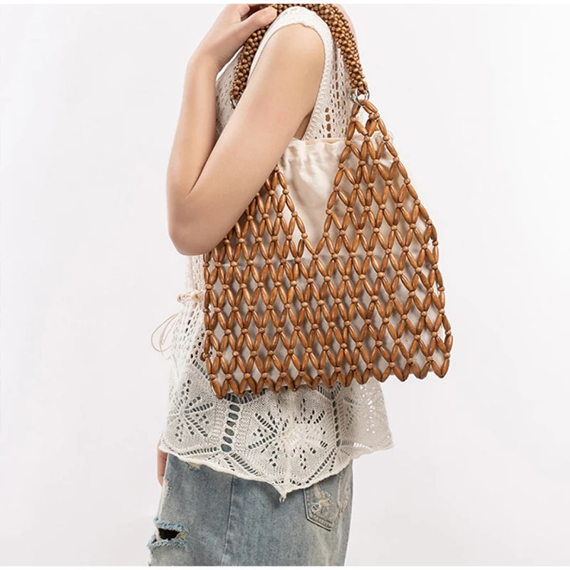 Ahornholz-Perlen-Handtasche, Damen Große Kapazität Hohle Strand-Urlaubstasche, Sommerliche Lässige Schicke Handgewebte Tragetasche – Detail 22