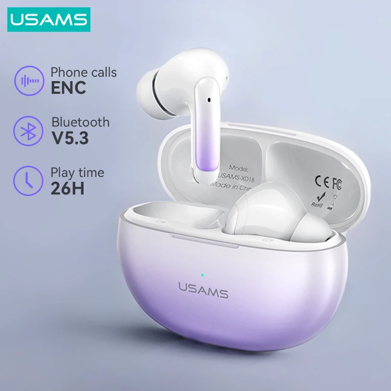 USAMS ENC Wireless Earphone Bluetooth 5.3 Headphones Dual Mic Noise Reduction 13mmDriver 26H Long Battery Life Earbuds Earphones