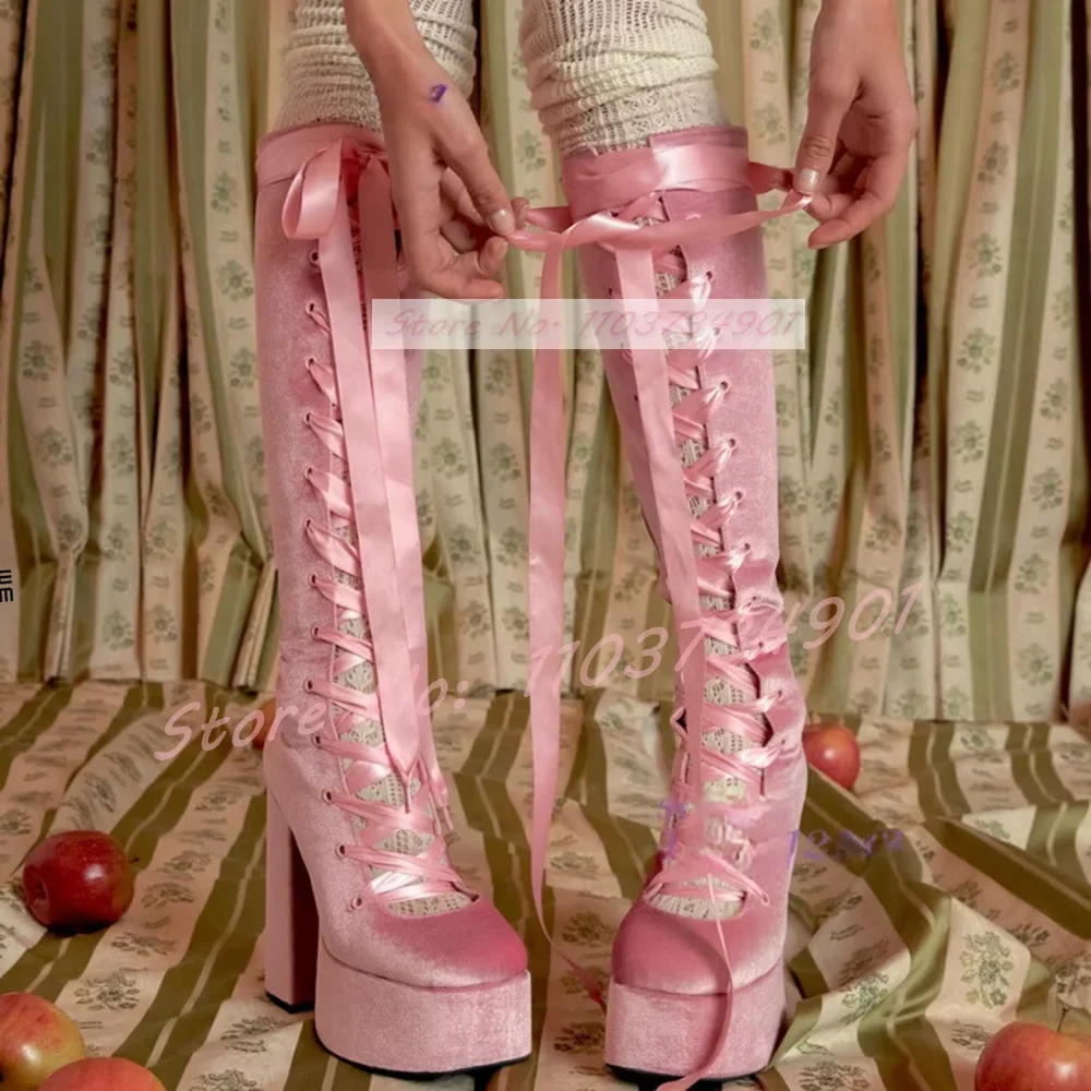 

Platform Pink Suede Ribbon Lolita Boots Women Sweet Lace-up Cross Strap Knee High Boots Lady Lovely Corduroy Chunky Heels Boots