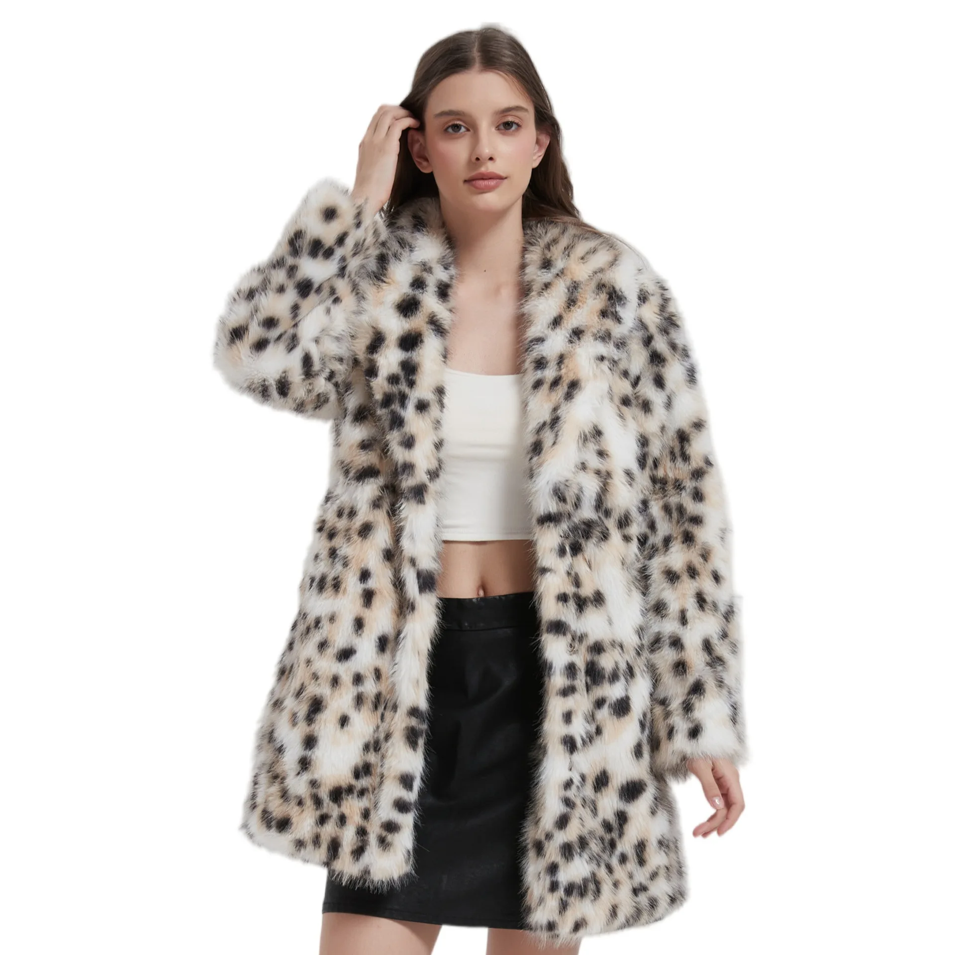 Autumn and winter coat women's artificial fur medium and long jacket leopard print lapel imitation fur coat