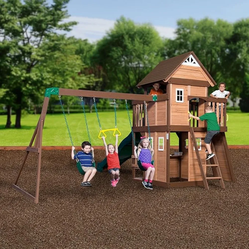 Triumph Mountain Full Cedar Swing Set, Covered Upper Clubhouse, Telescopes, Steering Wheel, Lower Playhouse