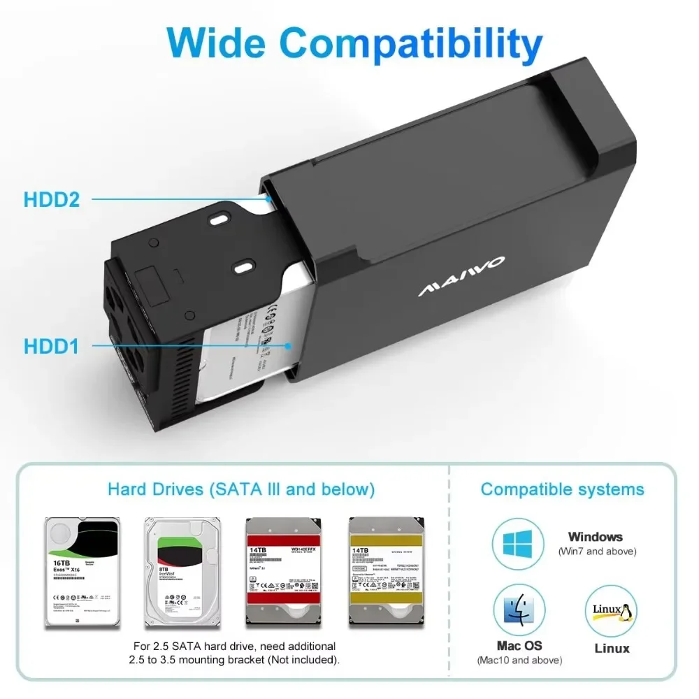 MAIWO Caja de disco duro SATA HDD de doble bahía de 3,5" con ventilador de refrigeración para 4 modos Raid USB 3.0 5Gbps 48TB de capacidad aleación de aluminio