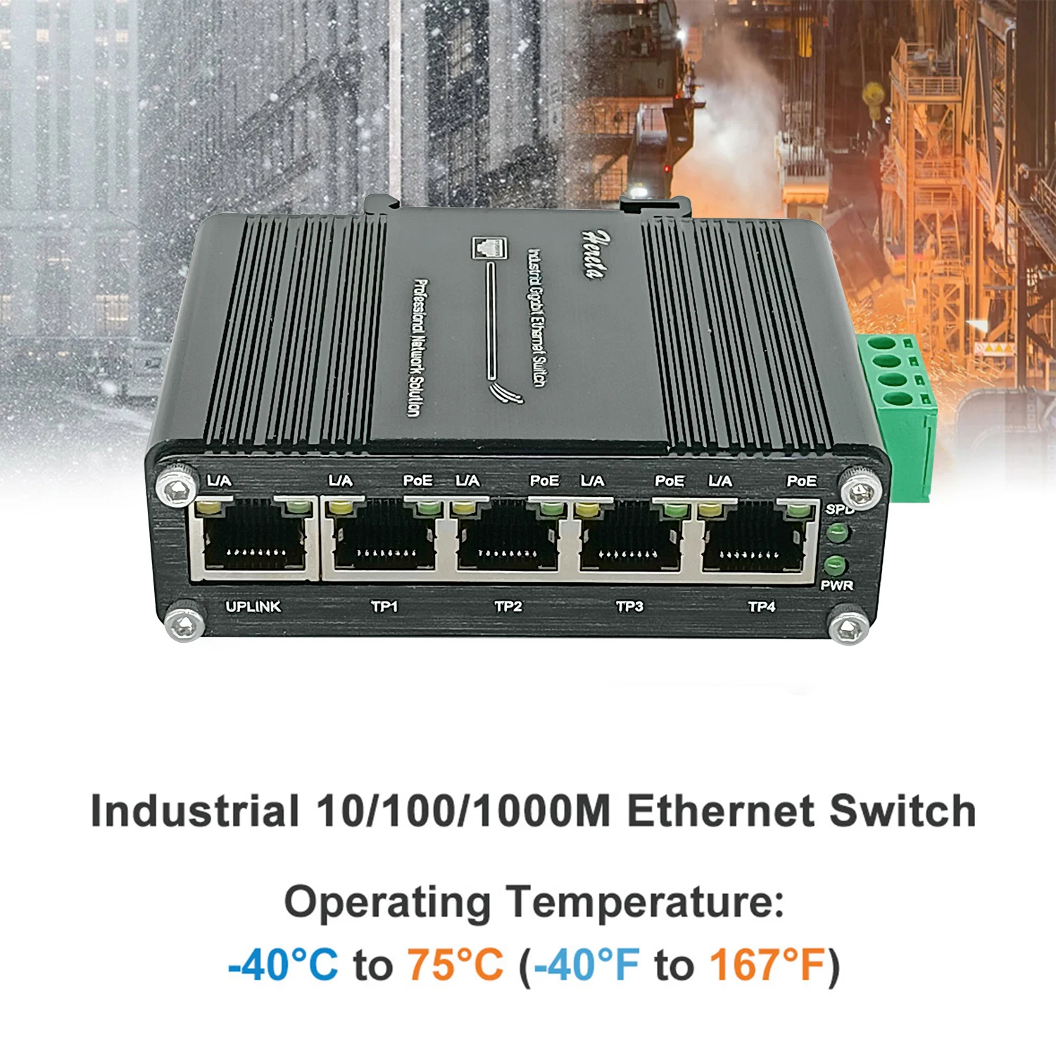 Industrial Gigabit Ethernet 5 Port (PoE) Switch Mini DIN-Rail 10/100/1000Mbps 12~48VDC Input Network Switch Aluminum Case IP40