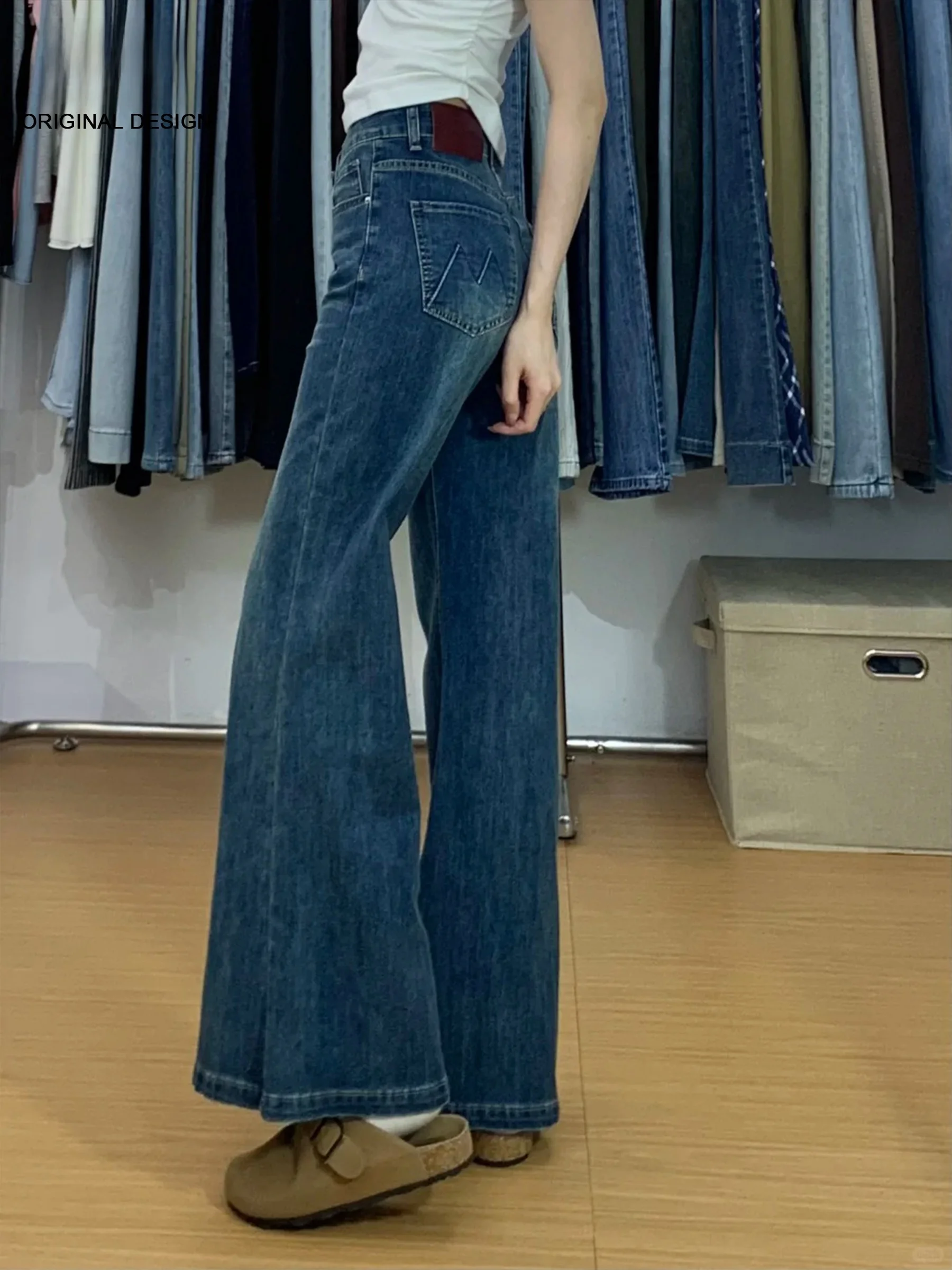 

American Deep Blue High Waist Bell Bottom Jeans Women's New Style Autumn 2026 Slimming Floor Length Elastic Bell Pants
