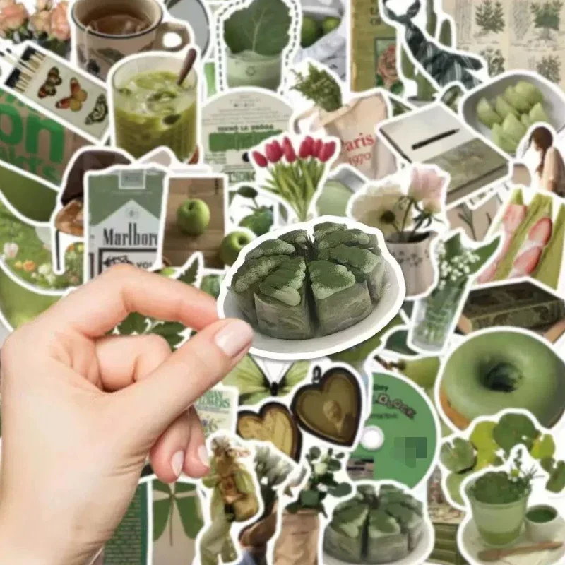 62/124 Sheets Green Color Series Sticker Green Plants Food Notes Diary Decorative Stickers Luggage Phone Case Decorative Label
