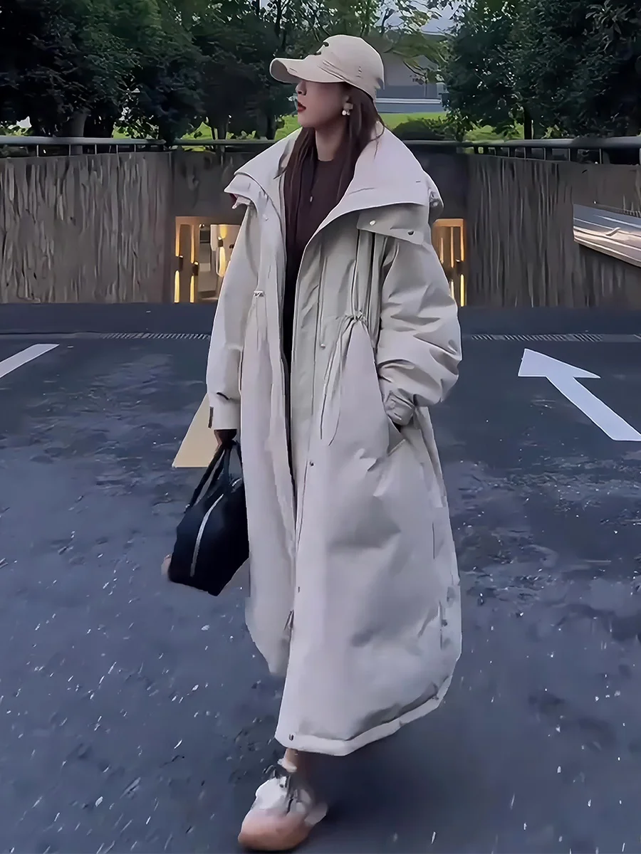 Faionable abrigo largo de lujo blanco Du down Puffer Jaet para mujer con diseño de sombrero Dstring prendas de vestir exteriores de invierno