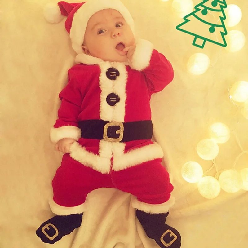 4Piece Winter Christmas Toddler Boy Outfits Cute Warm Thick Fleece Tops+Pants+Hat+Socks Baby's Sets Newborn Photography BC277