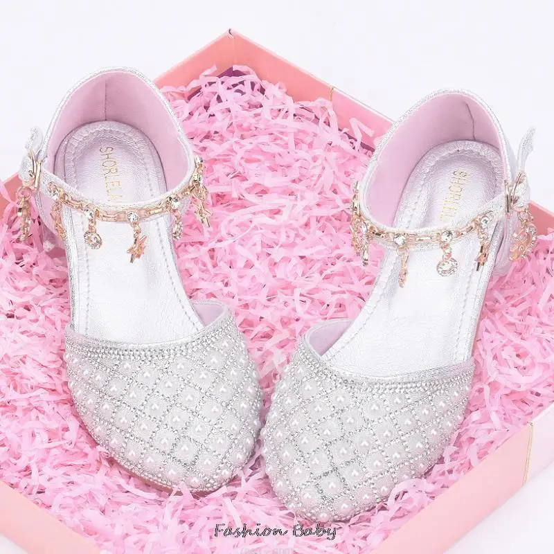 Princess Girls High Heels New Children With Pink Dance Single Girl Crystal Sandals Bowknot Rhinestone Beaded Leather Shoes