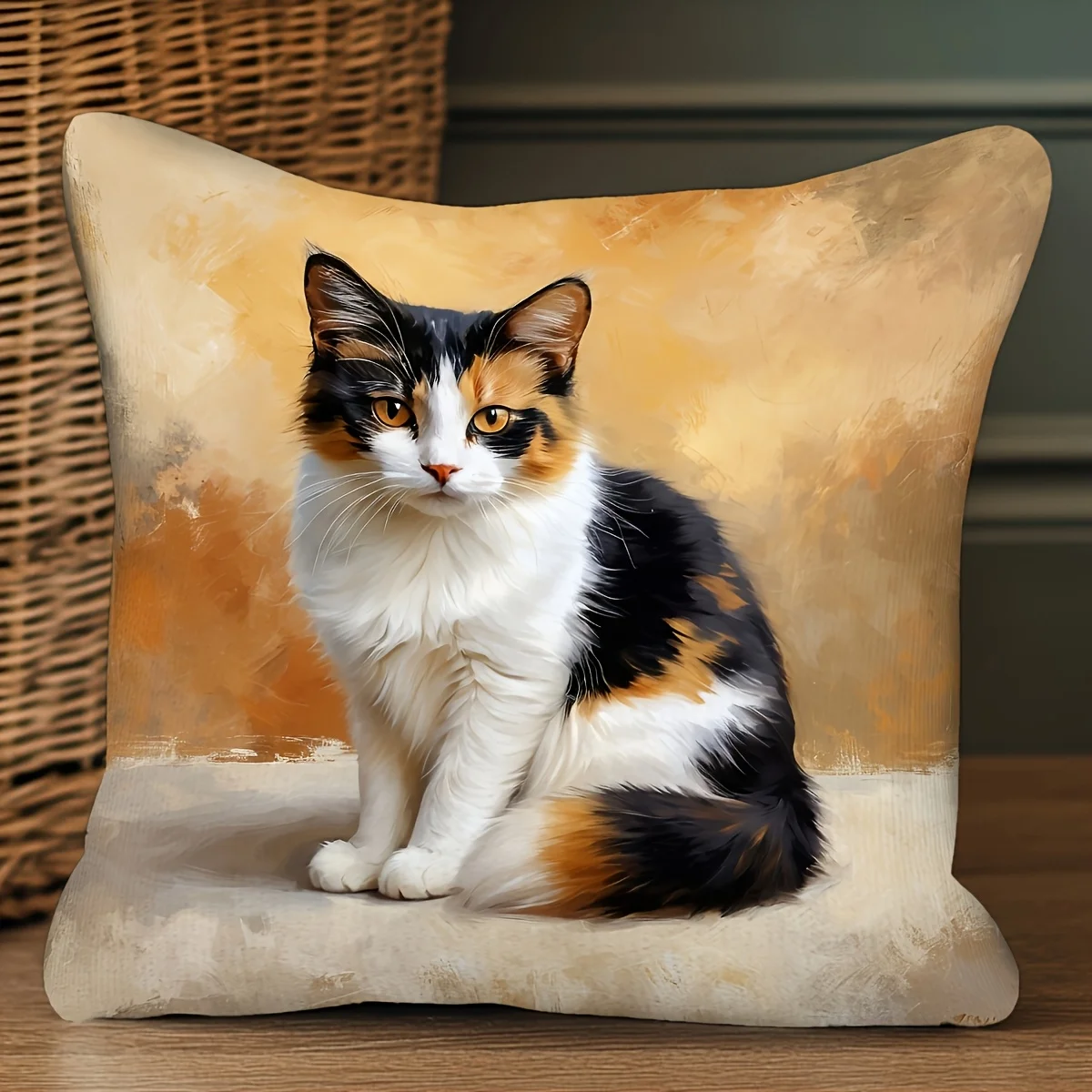 1pc Calico Cat Plush Pillow Cover Country-Style Machine Washable Double-Sided Print Decorative